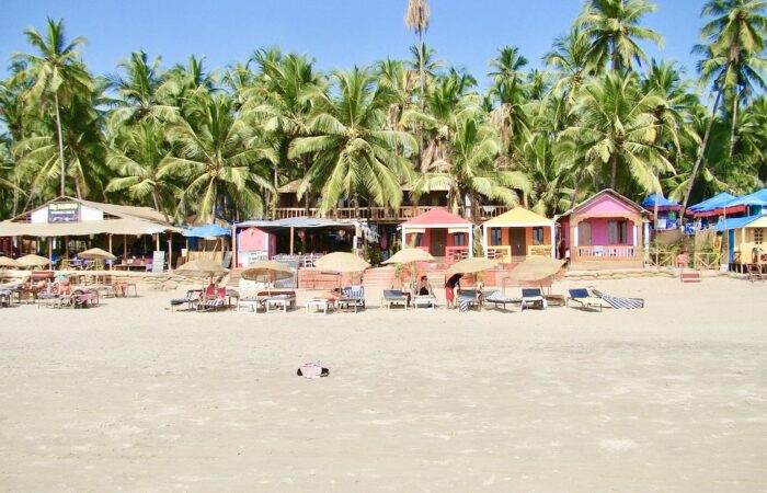 Rustic beach shack in Goa with wooden seating, palm trees, and a relaxed coastal vibe perfect for tropical escapes.