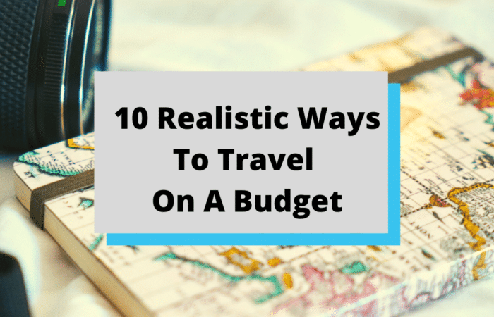 Creative infographic image depicting 10 budget travel tips with icons and vibrant travel-themed illustrations